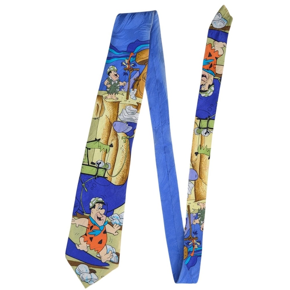 90s Vintage The‎ Flintstones RM Style 100% Silk Blue Cartoon Theme Neck Tie